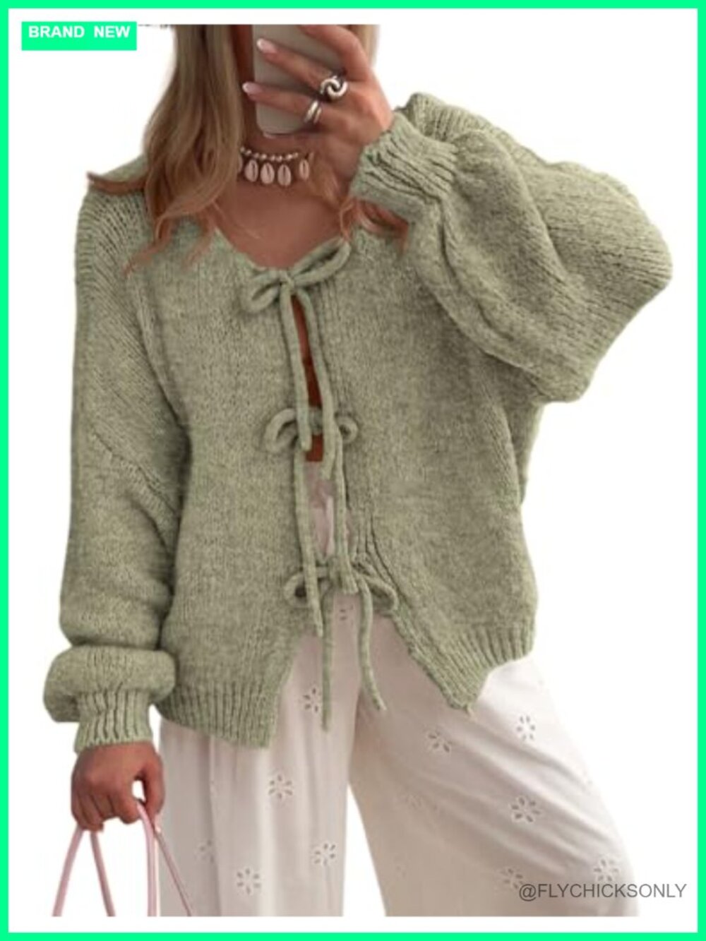 Womens Tie Front Bow Cardigan Sweater Long Sleeve Open Front Puff Sleeve Chunky